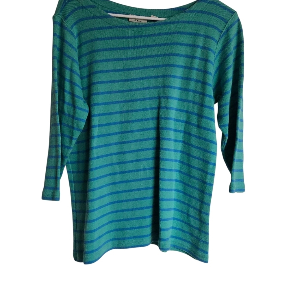 L L Bean Womens Green & Blue Striped Sweater 3/4 Sleeve Size Large
